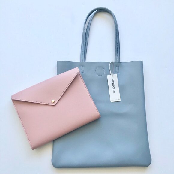 MINISO Shoulder Bag Blue Tote/Pink Portfolio Organizer Vegan Leather, Pen - Picture 1 of 16